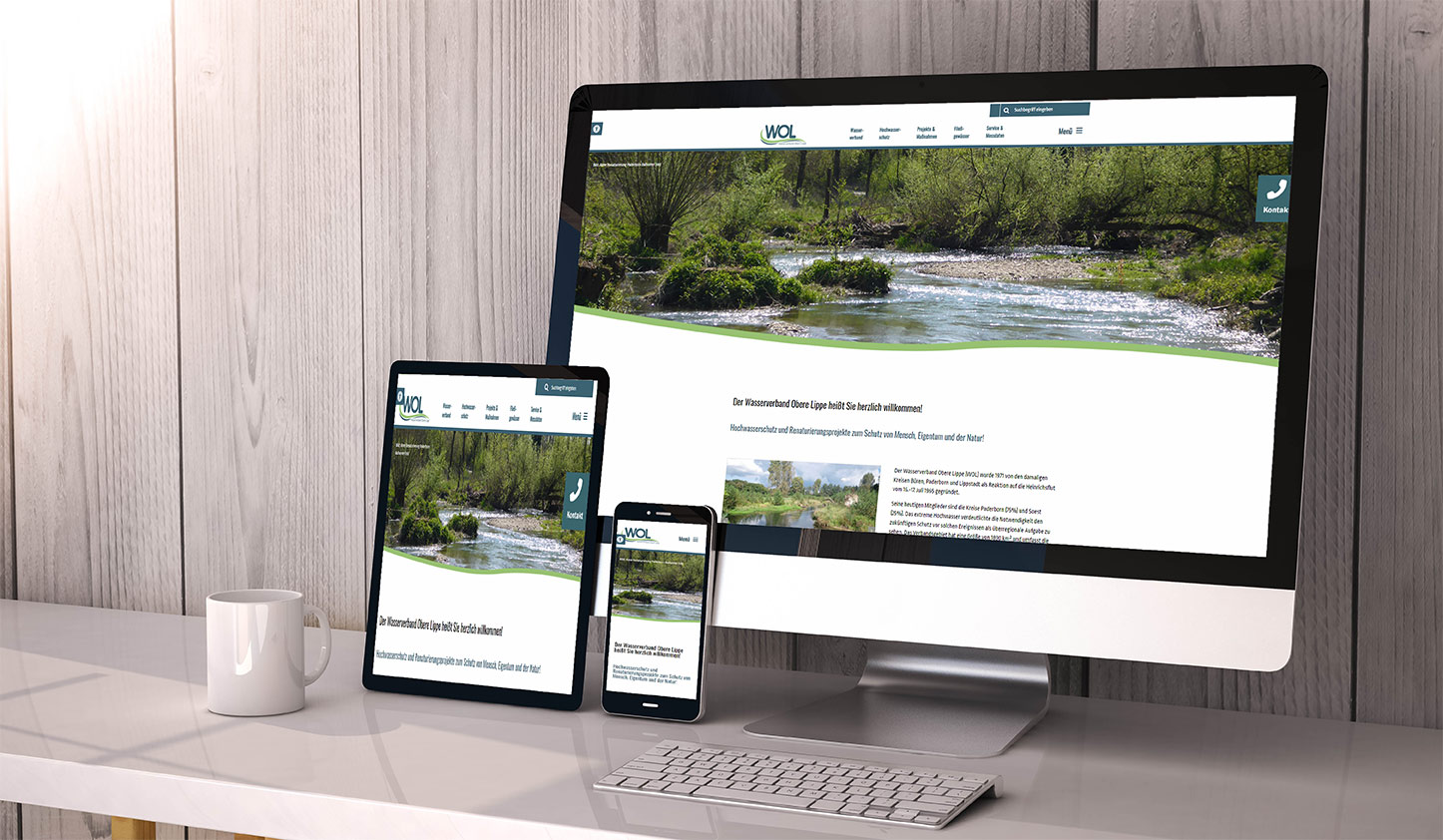 Ansicht auf Smartphone, Tablett und Monitor der neuen Webseite vom Wasserverband WOL